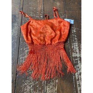 NWT Willow Root Camisole Top Size Small Orange Bohemian Fringe Smocked Festival